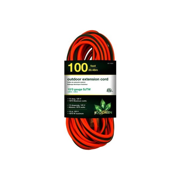 Gogreen SJTW Extension Cord, 12 AWG, Outdoor, 12/3, 1 Outlets, Green/Orange, 100 ft GG-14000 - main